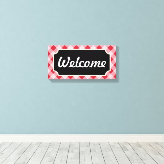 Red Gingham Welcome Sign Canvas (Insitu (Houten vloer))
