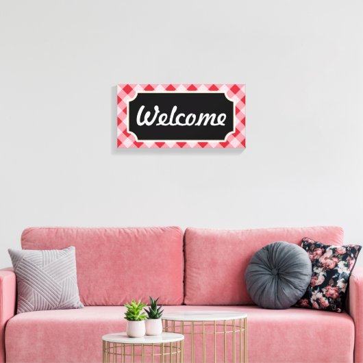 Red Gingham Welcome Sign Canvas (Insitu (Woonkamer))