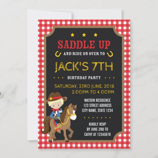 Red Gingham Wild West Cowboy Verjaardag uitnodigin Kaart (Voorkant)