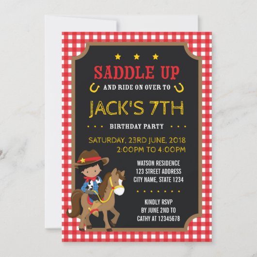 Red Gingham Wild West Dark Cowboy Birthday (Voorkant)