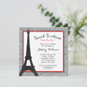 Red Glam Paris Thmed Faux Glitter Sweet 16 Kaart (Staand voorkant)