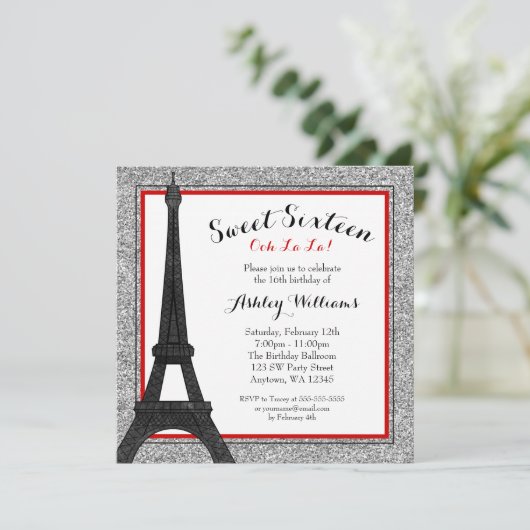 Red Glam Paris Thmed Faux Glitter Sweet 16 Kaart (Staand voorkant)
