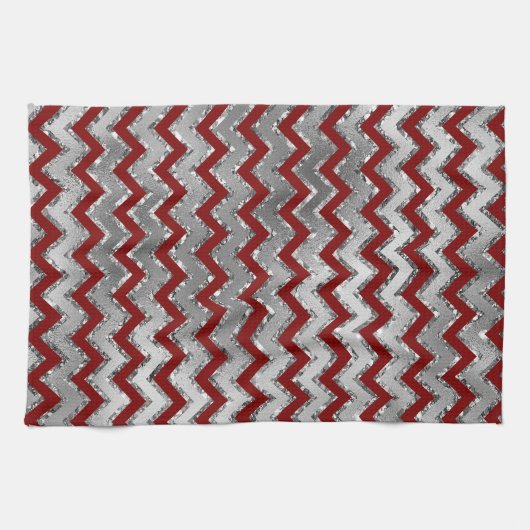 Red Glam Silver White Zigzag Stripes Theedoek (Horizontaal)