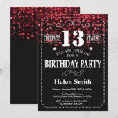 Red Glitter 13th Birthday Invitation Kaart (Voorkant / Achterkant)