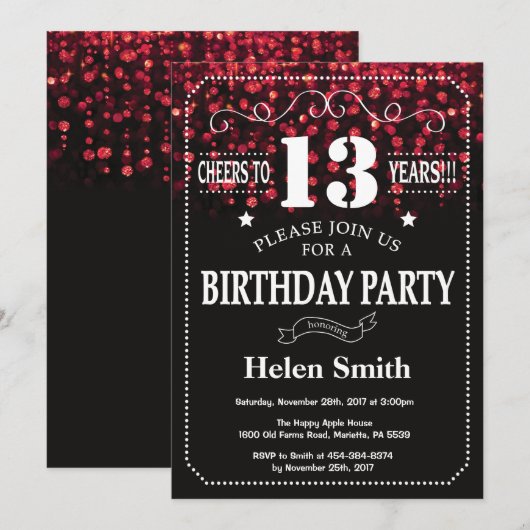 Red Glitter 13th Birthday Invitation Kaart (Voorkant / Achterkant)