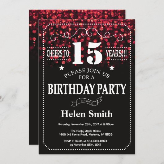 Red Glitter 15th Birthday Invitation Kaart (Voorkant / Achterkant)