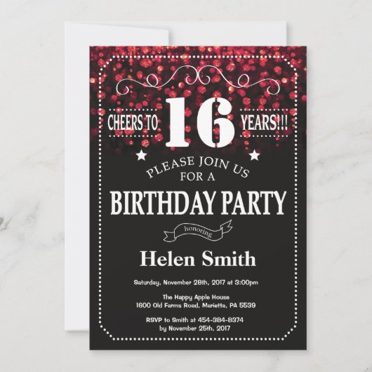 Red Glitter 16th Birthday Invitation Kaart (Voorkant)