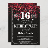 Red Glitter 16th Birthday Invitation Kaart (Voorkant / Achterkant)