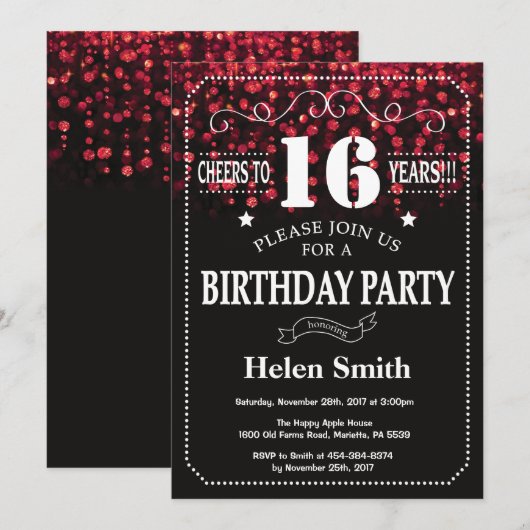 Red Glitter 16th Birthday Invitation Kaart (Voorkant / Achterkant)