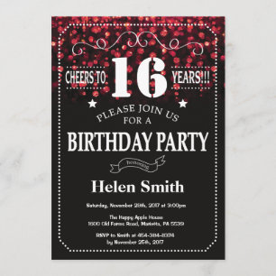 Red Glitter 16th Birthday Invitation Kaart