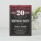 Red Glitter 20th Birthday Invitation Kaart (Staand voorkant)