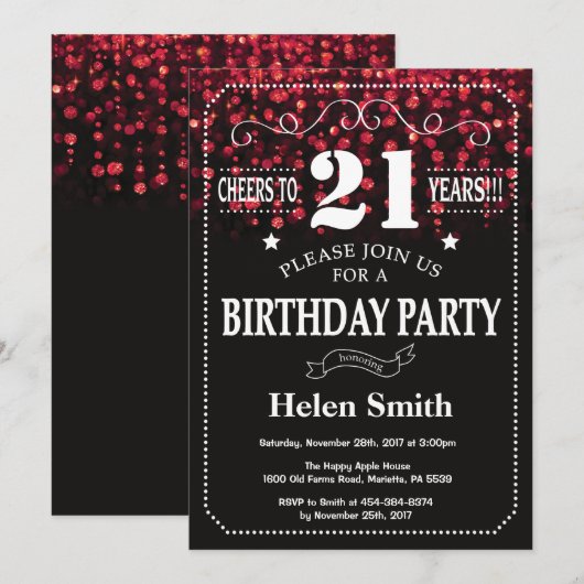 Red Glitter 21st Birthday Invitation Kaart (Voorkant / Achterkant)