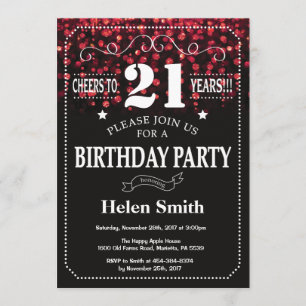 Red Glitter 21st Birthday Invitation Kaart