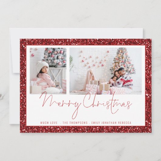 Red Glitter 2 Photo Script Merry Kerstmis Kaart (Voorkant)