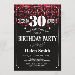 Red Glitter 30th Birthday Invitation Kaart