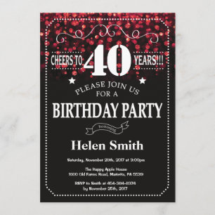 Red Glitter 40th Birthday Invitation Kaart