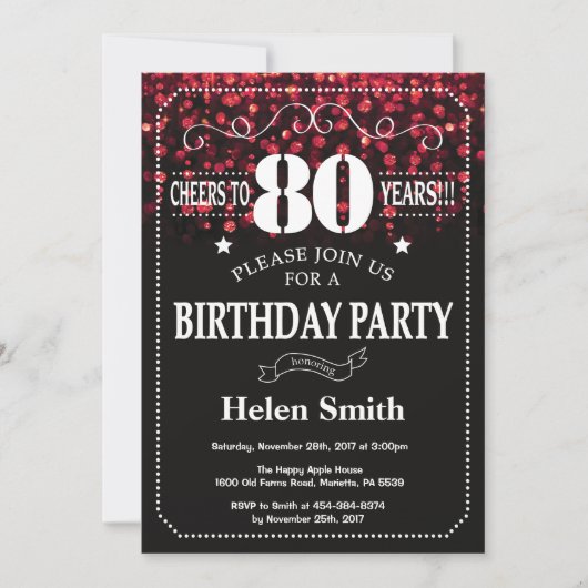 Red Glitter 80th Birthday Invitation Kaart (Voorkant)