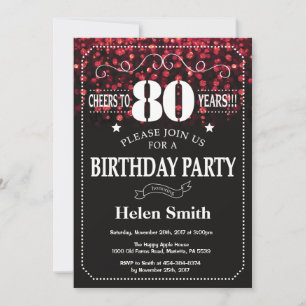 Red Glitter 80th Birthday Invitation Kaart