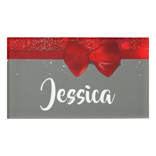 Red glitter and Ribbon print Naambadge (Voorkant)
