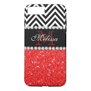 RED GLITTER BLACK CHEVRON STRIPES MONOGRAM 	iPhone 8/7 PLUS HOESJE