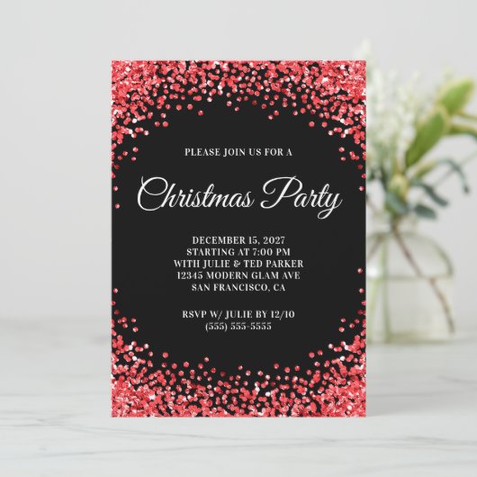 Red Glitter Border Black Christmas Party Kaart (Staand voorkant)