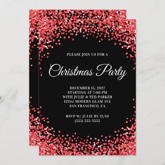 Red Glitter Border Black Christmas Party Kaart (Voorkant / Achterkant)
