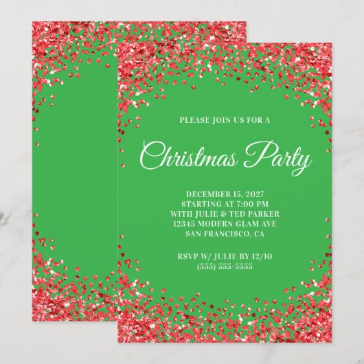 Red Glitter Border Green Christmas Party Kaart (Voorkant / Achterkant)