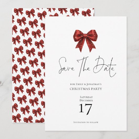 Red Glitter Coquette Bow Christmas Save the Date Kaart (Voorkant / Achterkant)