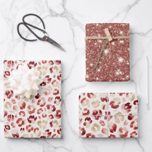 Red Glitter Cream Leopard Animal Print Birthday Inpakpapier Vel (Voorkant)