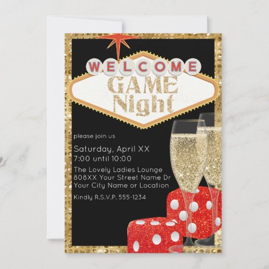 Red Glitter Dice & Champagne Black Game Night Kaart (Voorkant)