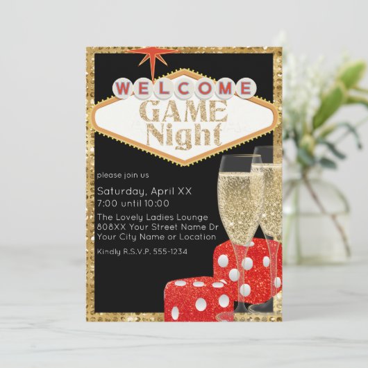 Red Glitter Dice & Champagne Black Game Night Kaart (Staand voorkant)