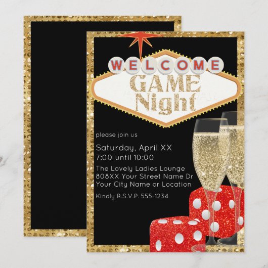 Red Glitter Dice & Champagne Black Game Night Kaart (Voorkant / Achterkant)
