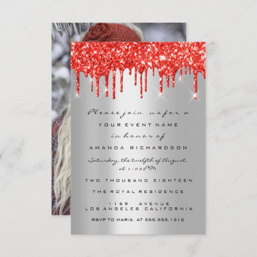 Red Glitter Drips Silver Bridal Sweet 16th Birthda Kaart (Voorkant / Achterkant)