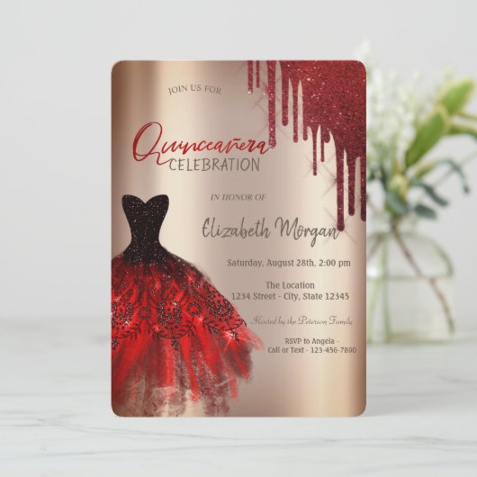 Red Glitter druist naar Quinceañera Kaart (Staand voorkant)