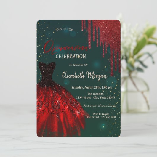 Red Glitter drukt de groene Quinceañera af Kaart (Staand voorkant)
