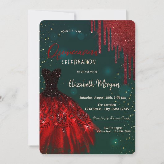 Red Glitter drukt de groene Quinceañera af Kaart (Voorkant)