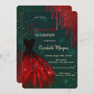 Red Glitter drukt de groene Quinceañera af Kaart