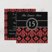 RED GLITTER EFFECT BLACK DAMASK QUINCEANERA KAART (Voorkant / Achterkant)