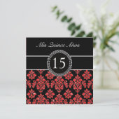 RED GLITTER EFFECT BLACK DAMASK QUINCEANERA KAART (Staand voorkant)