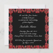 RED GLITTER EFFECT BLACK DAMASK QUINCEANERA KAART (Achterkant)