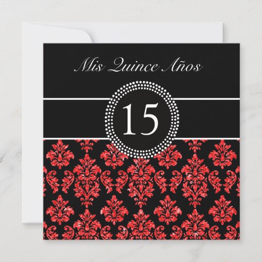 RED GLITTER EFFECT BLACK DAMASK QUINCEANERA KAART (Voorkant)