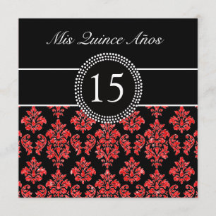 RED GLITTER EFFECT BLACK DAMASK QUINCEANERA KAART
