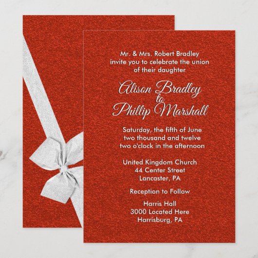 Red Glitter en Bow Wedding Invitation 5"x 7" Kaart (Voorkant / Achterkant)