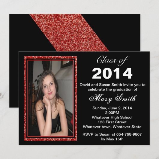 Red Glitter Foto Lijst Afstuderen Uitnodiging (Voorkant / Achterkant)
