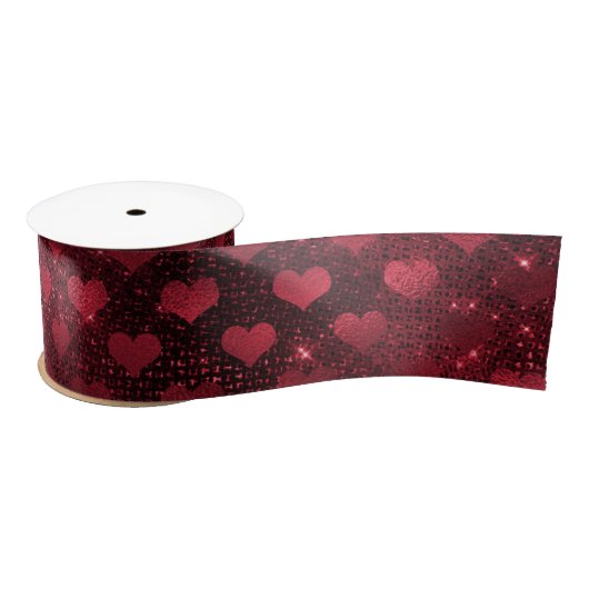 Red Glitter Glam Hearts Pattern Satijnen Lint (Spoel)