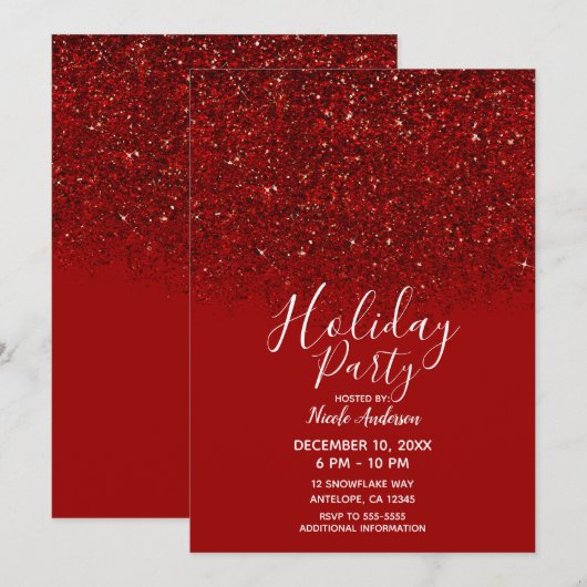 Red Glitter Glam Sparkle Elegant Holiday Party Kaart (Voorkant / Achterkant)