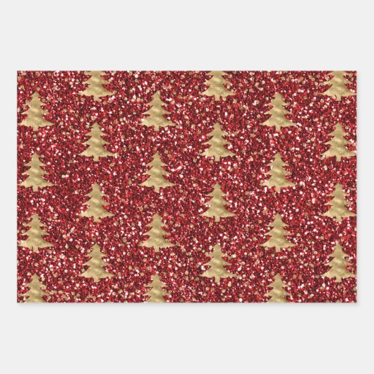 Red Glitter Glitzy Gold-kerstbomen Inpakpapier Vel (Voorkant)