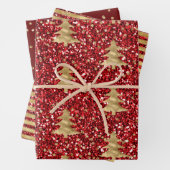 Red Glitter Glitzy Gold-kerstbomen Inpakpapier Vel (In situ)