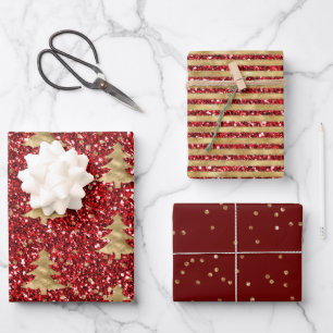 Red Glitter Glitzy Gold-kerstbomen Inpakpapier Vel