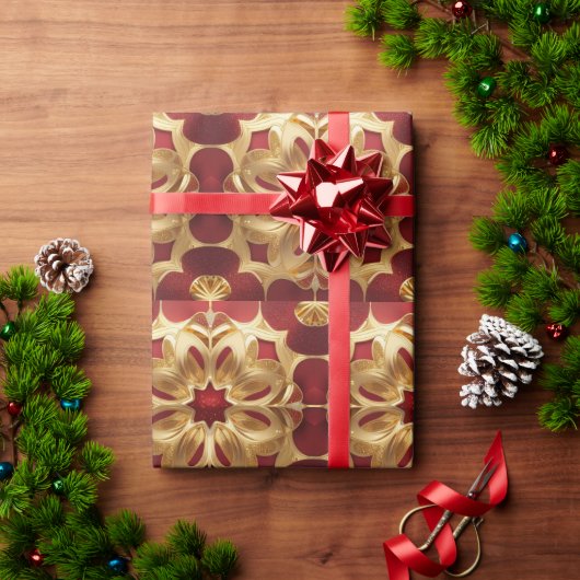 Red Glitter Gold Flower Art Wrapping Paper Cadeaupapier (Feestdagen Geschenken)